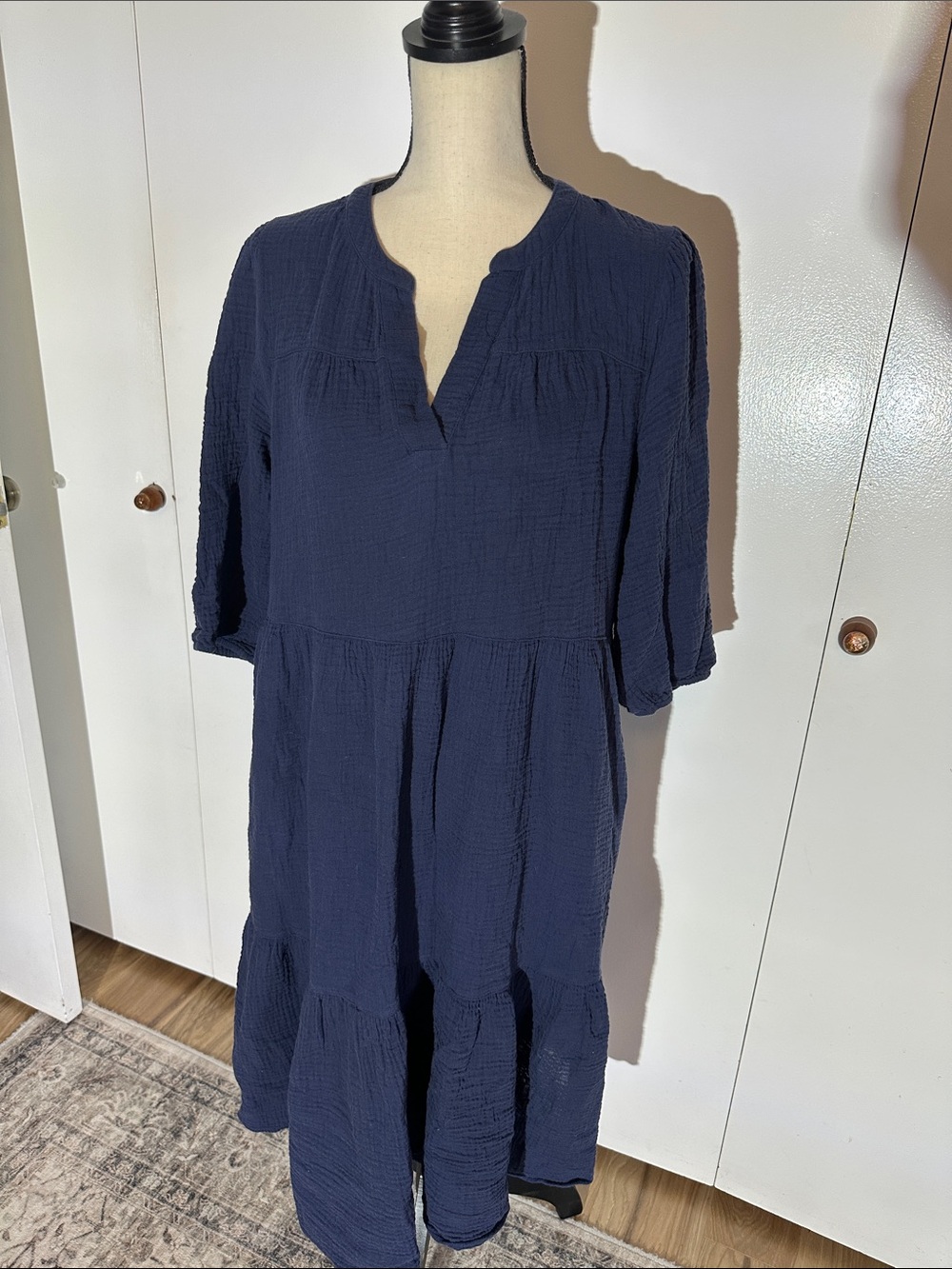 Joan Vass Navy Gauze Tiered Tunic